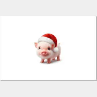 cute and happy little piglet wearing a santa hat on white Posters and Art